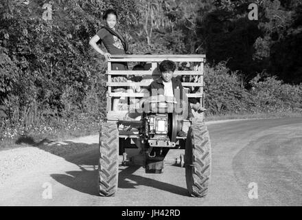 Tak-tak or 'Iron Buffalo', a two-wheeled tractor often modified for a wide variety of purposes in farming and transport in Laos other parts of SE Asia Stock Photo