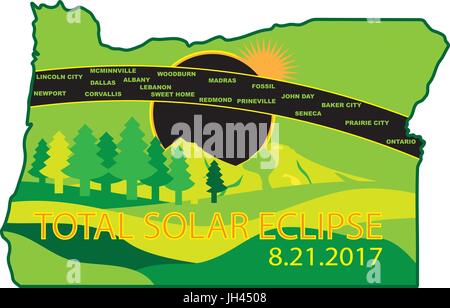 2017 Total Solar Eclipse Path across Oregon State cities map color illustration Stock Vector