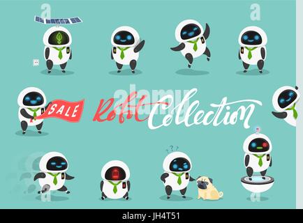 Set character robot android. Characters cartoon in flat style with different tasks, gestures. Stock Vector