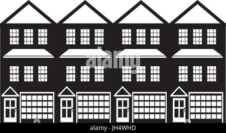 Row of three level townhouse with tandem two car parking garage black and white outline illustration Stock Vector