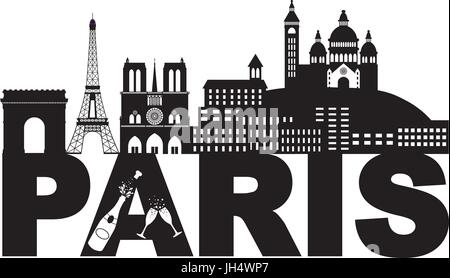 Paris France City Skyline Outline Silhouette with Champagne Bottle Glass Black Isolated on White Background Panorama Illustration Stock Vector