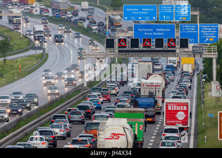 Heavy traffic on the Autobahn A8 motorway, nearby Stuttgart. Stock Photo