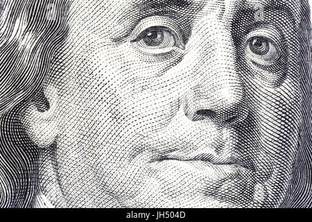 Portrait of Benjamin Franklin on one hundred dollar bill close-u Stock Photo