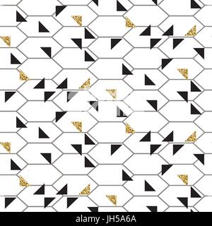 Black and glitter gold triangles mesh seamless vector pattern. Monochrome geometric abstract repeat background. Stock Vector