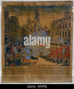 Yellowed copy of Paul Revere's engraving 'The Bloody Massacre' depicting March 5, 1770 when British troops killed five in the streets of Boston Stock Photo