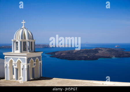 Glockenturm der orthodoxen Kirche in Imerovigli, Blick auf die Vulkaninsel Nea Kameni, Santorin, Kykladen, Aegaeis, Griechenland, Mittelmeer, Europa | Stock Photo