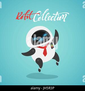 Character cute in flat style. Funny cartoon robot happy Stock Vector