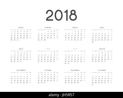 Simple template for printing modern calendar 2018 in Spanish. Week starts from Monday Stock Vector