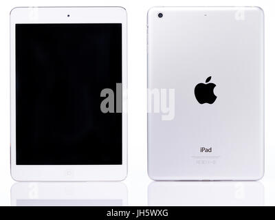 New york, USA - July 11, 2017: White ipad mini tablet isolated on white background. Back and front view of ipad mini Stock Photo