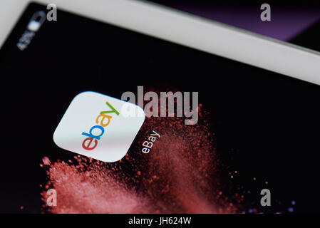 New york, USA - July 11, 2017: Ebay icon on tablet screen close-up. Logo of online shop ebay on ipad display Stock Photo