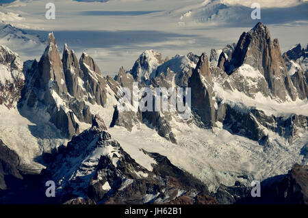 Aerial view of cerro fitz roy and cerro torre and the southern patagonian ice field in Patagonia, Argentina Stock Photo