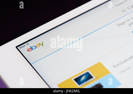 New york, USA - July 11, 2017: Online ebay shop page on screen of tablet close-up. Ebay shopping menu Stock Photo
