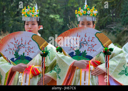 PORTLAND, OREGON - APRIL 1, 2017: Shrine Maidens from Tsurugaoka Hachimangu Shrine performing a dance at the grand opening of Portland Japanese Garden Stock Photo