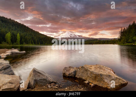 Stormy sunset over Mount Hood at Trillium Lake Stock Photo