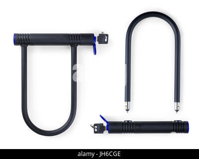 Black bike u lock, open and locked views. Isolated on white, clipping path included Stock Photo