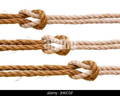 Three reef knots. Set of ropes isolated on white Stock Photo