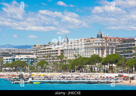 Promenade de la Croisette, Cannes, France with the famous hotel Carlton and Martinez Stock Photo