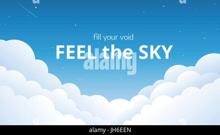 Blue sky with white clouds simple vector background and phrase - Fill Your Void Feel the Sky - Stock Vector
