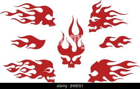 Red silhouettes of flaming skulls, emblem set, old school fire logos, isolated vector illustration Stock Vector