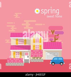 Home Sweet Home. Flat house exterior with trees. Front home ...