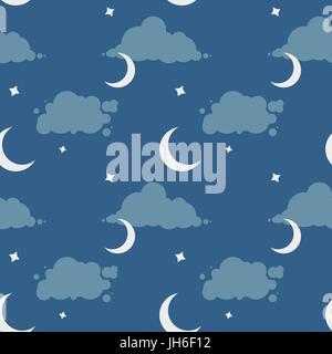 Vector blue night sky background, seamless pattern with clouds, stars and moons Stock Vector