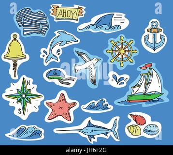 hand-drawn stickers with simple elements of marine theme Stock Vector