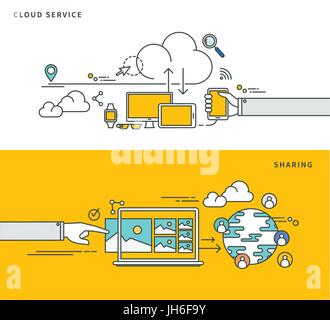 simple line flat design of cloud data & data storage solutions, modern vector illustration. Stock Vector