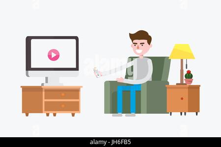 modern design flat character watching tv vector illustration Stock Vector
