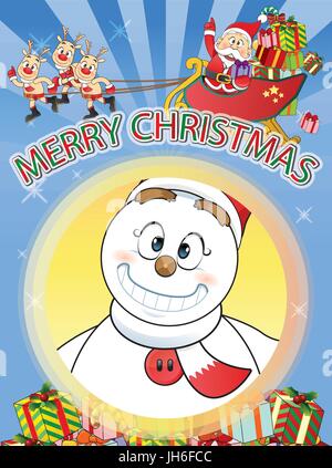merry Christmas Santa, Snowman, Reindeer Cartoon. Stock Vector
