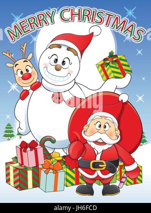 merry Christmas Santa, Snowman, Reindeer Cartoon. Stock Vector