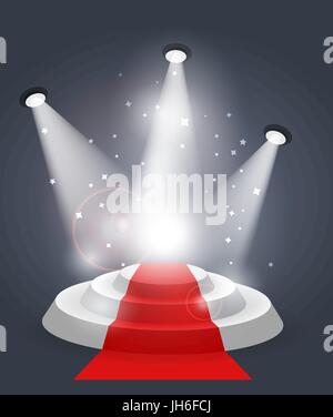 Round stairs gray pedestal with bright backlight and sparkles around, color vector illustration Stock Vector