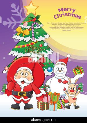 merry Christmas Santa, Snowman, Reindeer Cartoon. Stock Vector