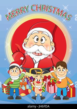 merry Christmas Santa, Snowman, Reindeer Cartoon. Stock Vector