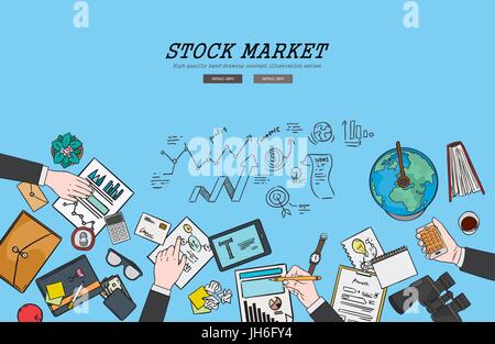 Drawing flat design illustration stock market concept. Concepts for web banners and promotional materials. Stock Vector