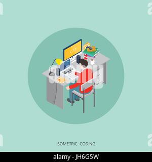Flat 3d isometric vector illustration freelancer coding concept design, Abstract urban modern style, high quality business series. Stock Vector