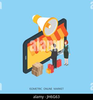 Flat 3d isometric vector illustration online market concept design, Abstract urban modern style, high quality business series. Stock Vector