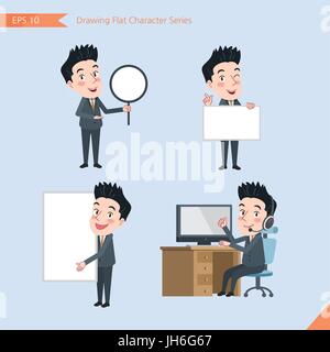 Set of drawing flat character style, business concept young office worker activities - banner, whiteboard, computing, telemarketing, introduction Stock Vector
