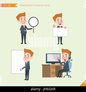 Set of drawing flat character style, business concept young office worker activities - banner, whiteboard, computing, telemarketing, introduction Stock Vector