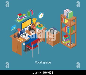 Workspace concept design 3d isometric vector illustration Stock Vector