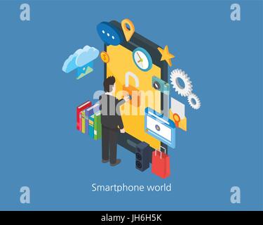 Smartphone concept design 3d isometric world and businessman Stock Vector