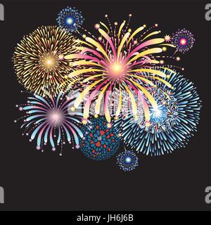 Vibrant vector illustration with color fireworks on a dark background Stock Vector