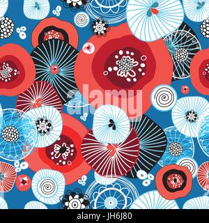 Seamless abstract bright pattern from different round elements and poppies Stock Vector