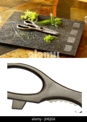 'Guess what it is' image of kitchen scissors with an explanation photo showing the scissors with herbs on a cutting board Stock Photo