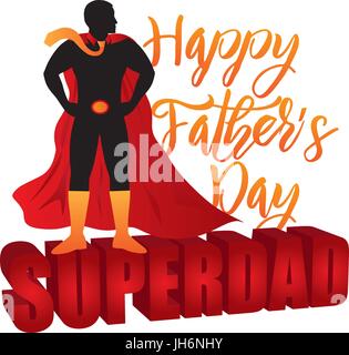 Happy Father's Day Super Dad 3D Text Superhero Silhouette Outline Color Isolated on White Background Illustration Stock Vector