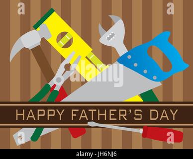 Happy Father's Day Text with Hammer Pliers Level Screwdriver Saw Wrench Tools on Brown Stripes Pattern Background Illustration Stock Vector
