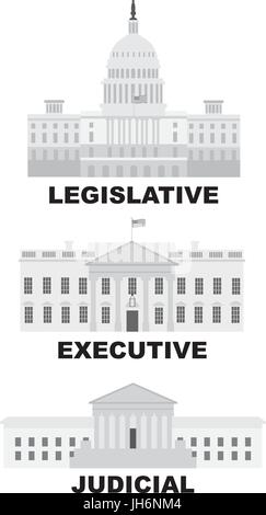 Three Branches of United States Government Legislative Executive Judicial Buildings Grayscale Illustration Stock Vector