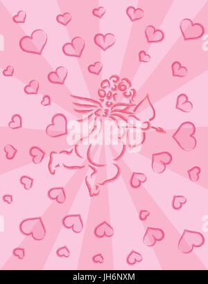 Valentines Day Love Cupid with Bow and Arrow Ink Brush Strokes Silhouette on Hearts Rays Pink Background Illustration Stock Vector