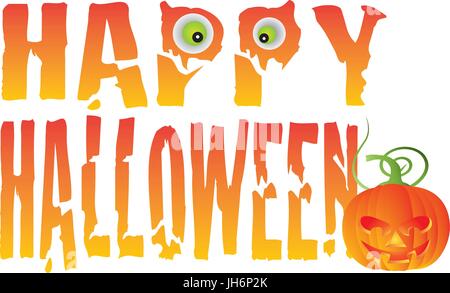 Happy Halloween Text Greeting with Spooky Eyes and Jack-O-Lantern Pumpkin Isolated on White Background Illustration Stock Vector