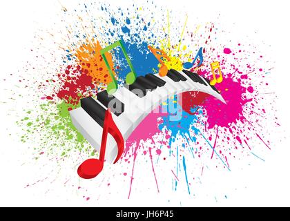 Piano Keyboard with Black and White Wavy Keys and Colorful Music Notes in 3D Paint Splatter Abstract Color Illustration Stock Vector