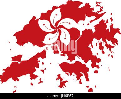 Hong Kong Flag in Red Map Outline Silhouette Illustration Stock Vector